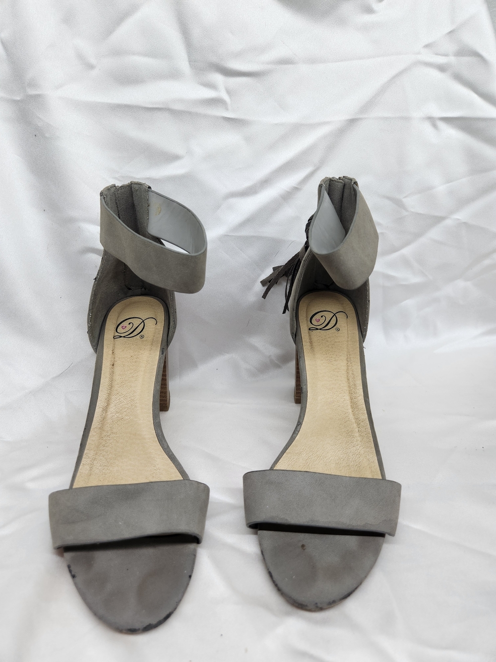 Delicious Grey Open-Toe Ankle-Strap Heels with Tassel Accent